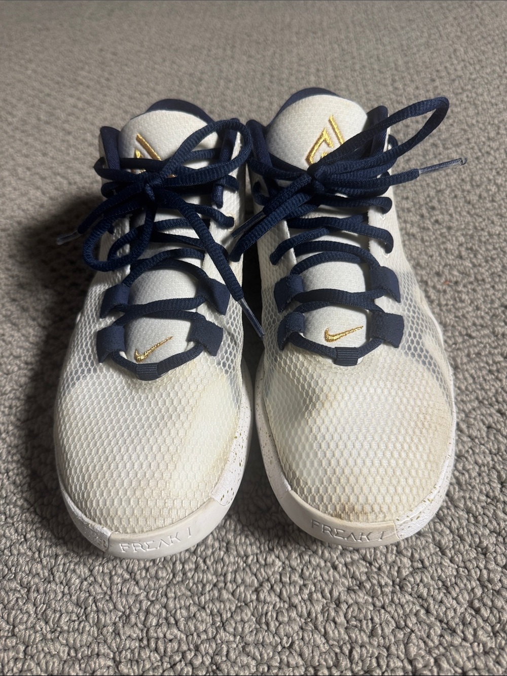 Nike Giannis Freak 1 White and Navy Basketball Sneakers, Gold Accents- Kids 6